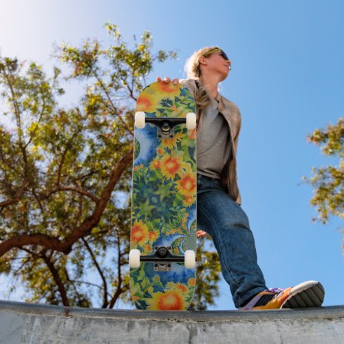 Abstract watercolor retro floral yellow sunflowers skateboard