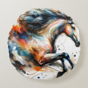 Abstract Watercolor Running Horse Round Pillow