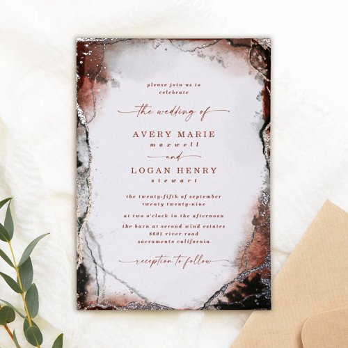 Abstract Watercolor Rust Fall Wedding Real Silver Foil Invitation