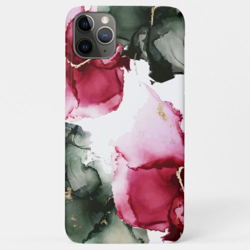 Abstract Watercolor Sage Green Bright Scarlet Rose iPhone 11 Pro Max Case