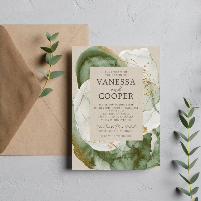 Abstract Watercolor Sage Green Gold Wedding Invitation (Creator Uploaded)