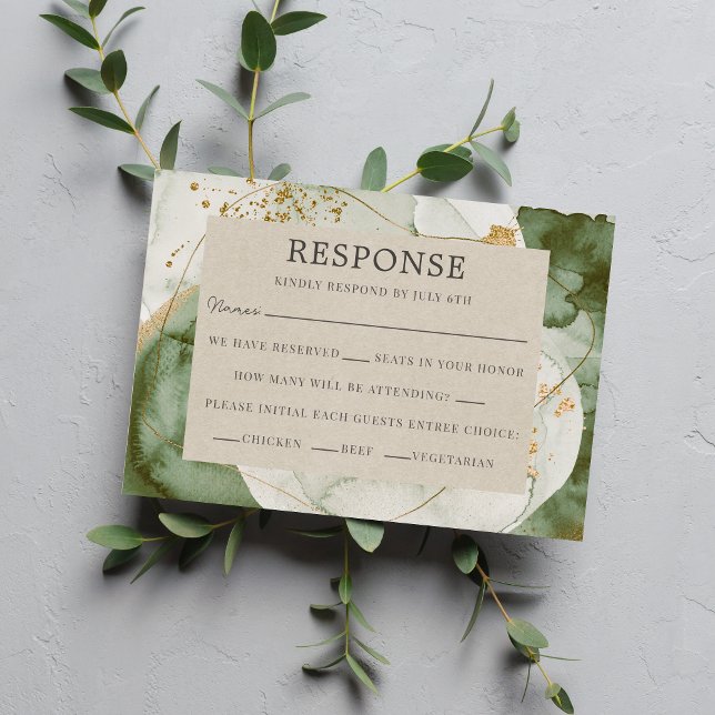 Abstract Watercolor Sage Green Gold Wedding RSVP Card (Creator Uploaded)