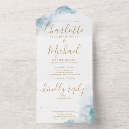 Abstract Watercolor Script Gold Monogram Wedding  All In One Invitation