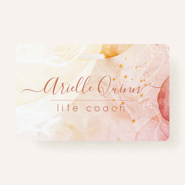 Abstract Watercolor Shapes Rose Script Life Coach Badge (Front)