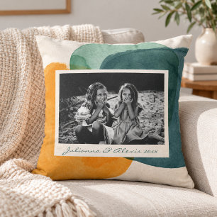 Abstract Watercolor Shapes Teal Blue Custom Photo Throw Pillow