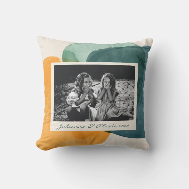 Abstract Watercolor Shapes Teal Blue Custom Photo Throw Pillow (Front)