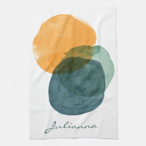 Abstract Watercolor Shapes Teal Blue Personalized Kitchen Towel
