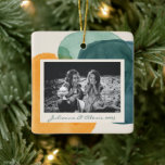 Abstract Watercolor Shapes Teal Blue Photo Name Ceramic Ornament<br><div class="desc">This stylish custom ceramic ornament features an understated painting of organic abstract watercolor shapes in beautiful shades of mustard yellow and teal blue and green. Personalize it with your name and photo. Great gift idea!</div>