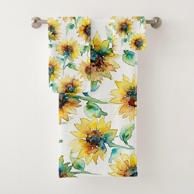 Abstract Watercolor Sunflowers Seamless Pattern  Bath Towel Set (Insitu)