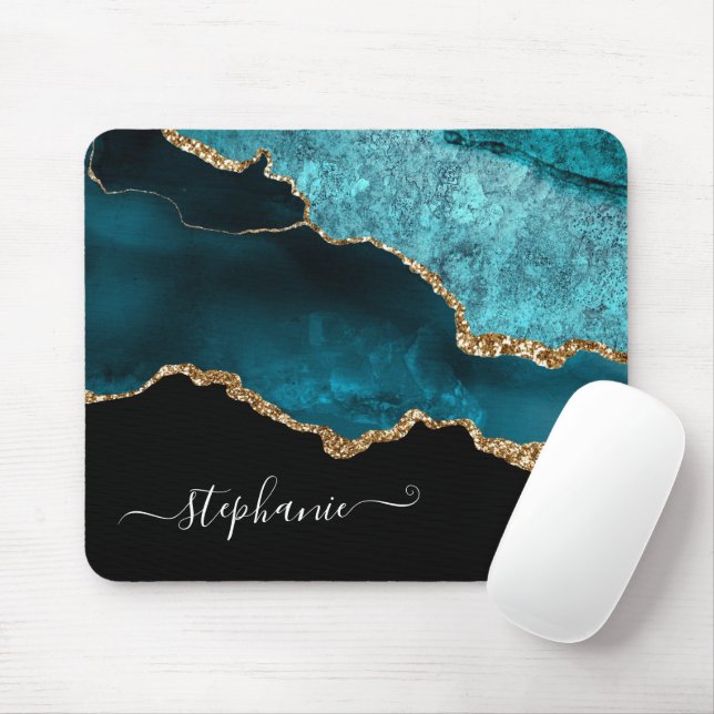 Abstract Watercolor Teal Agate Gold Personalized Mouse Pad (With Mouse)