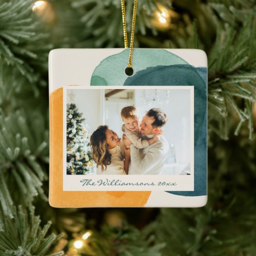 Abstract Watercolor Teal Blue Family Photo Custom Ceramic Ornament