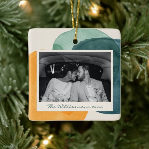 Abstract Watercolor Teal Blue Wedding Photo Custom Ceramic Ornament