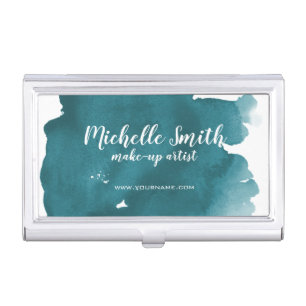 Abstract watercolor teal color splash brush stroke business card case