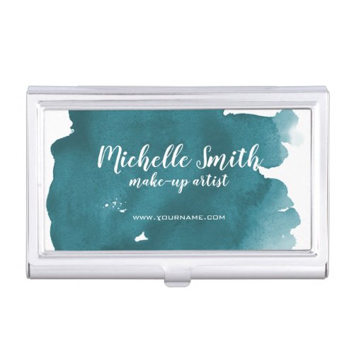 Abstract watercolor teal color splash brush stroke business card case