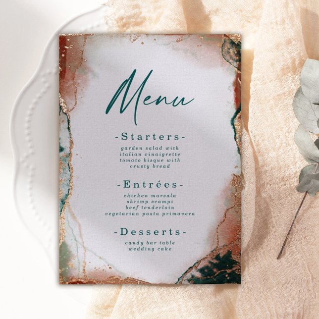 Abstract Watercolor Teal & Real Rose Gold Menu Foil Invitation (Creator Uploaded)