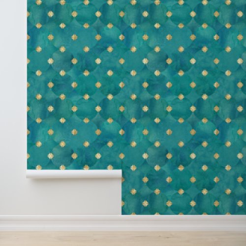 Abstract watercolor teal turquoise circle and gold wallpaper 