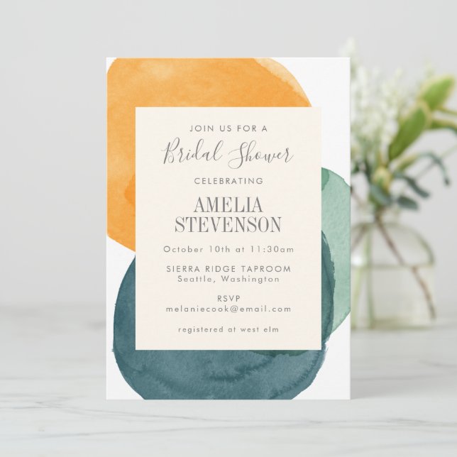 Abstract Watercolor Teal Yellow Bridal Shower Invitation (Standing Front)