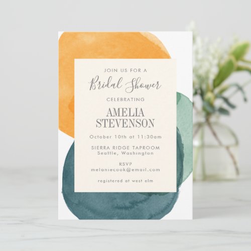 Abstract Watercolor Teal Yellow Bridal Shower Invitation
