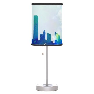 Abstract watercolor town silhouette in blue green desk lamp