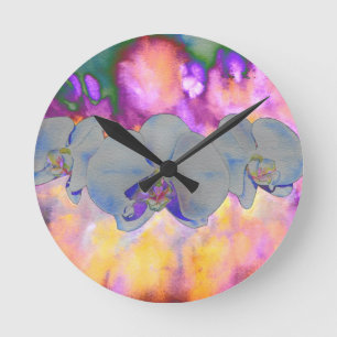 Abstract watercolor tropical floral orchids Round Clock