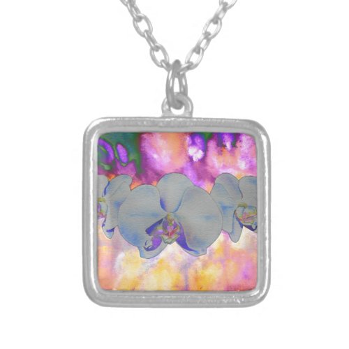  Abstract watercolor tropical floral orchids Silver Plated Necklace