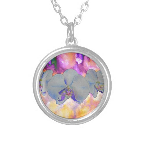  Abstract watercolor tropical floral orchids Silver Plated Necklace