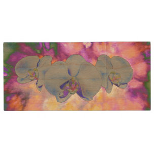  Abstract watercolor tropical floral orchids Wood Flash Drive