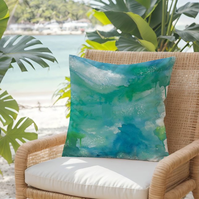 Abstract Watercolor Tropical Turquoise Beach  Throw Pillow (Creator Uploaded)