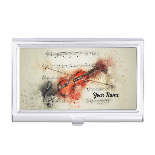 Abstract Watercolor Violin and Bow Customized Business Card Case (Front)