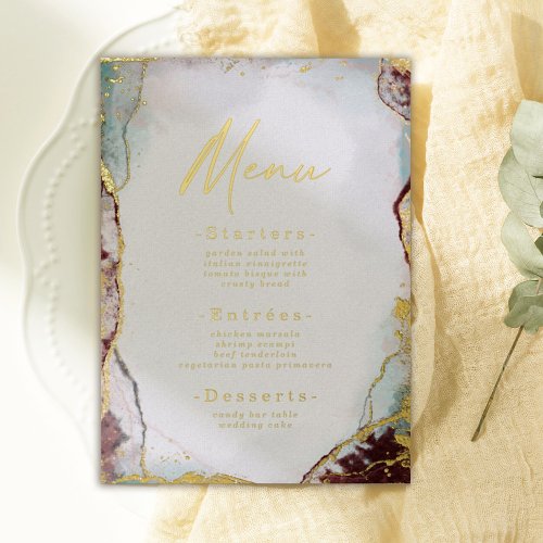 Abstract Watercolor Wine Wedding Menu Real Gold Foil Invitation