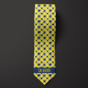 Abstract Watercolor Yellow & Blue Floral Monogram Neck Tie