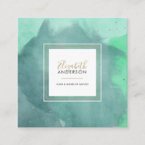 Abstract Watercolors Aqua and Gold Makeup Artist Square Business Card