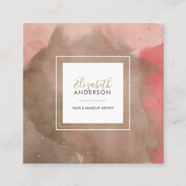 Abstract Watercolors Pink and Gold Makeup Artist Square Business Card