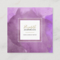 Abstract Watercolors Purple and Gold Makeup Artist Square Business Card