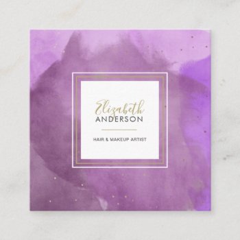 Abstract Watercolors Purple And Gold Makeup Artist Square Business Card by MG_BusinessCards at Zazzle