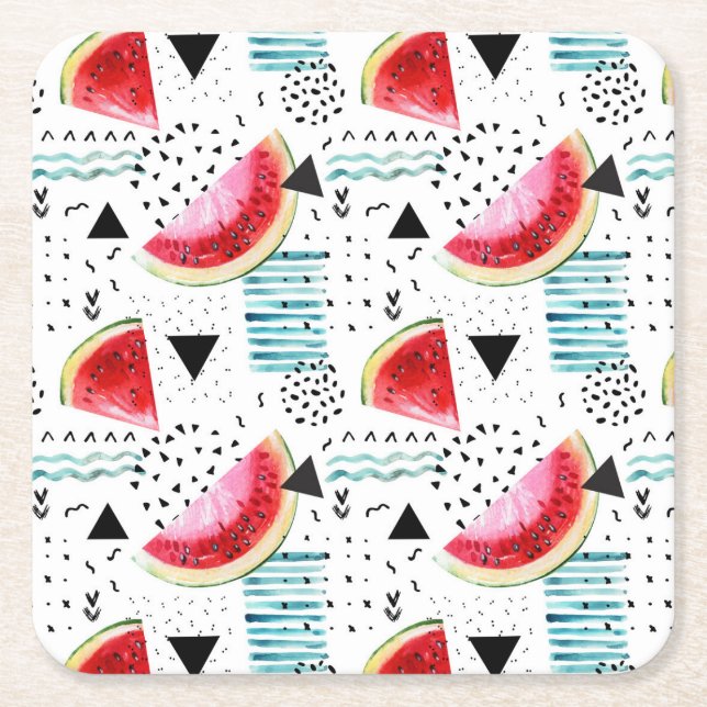 Abstract Watermelon Pattern Square Paper Coaster (Front)