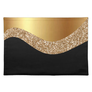 ABSTRACT WAVE BLACK GOLD CLOTH PLACEMAT