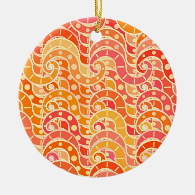 Abstract wave pattern - orange, coral and gold ceramic ornament (Front)