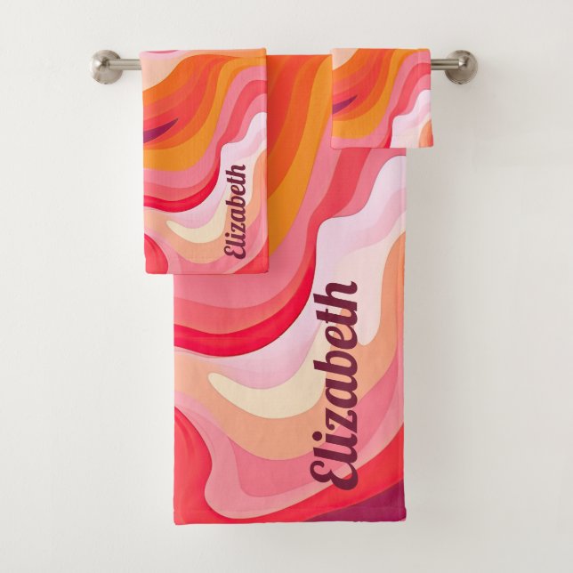 Abstract Wave Pattern Retro Monogram Name Bath Towel Set (Insitu)