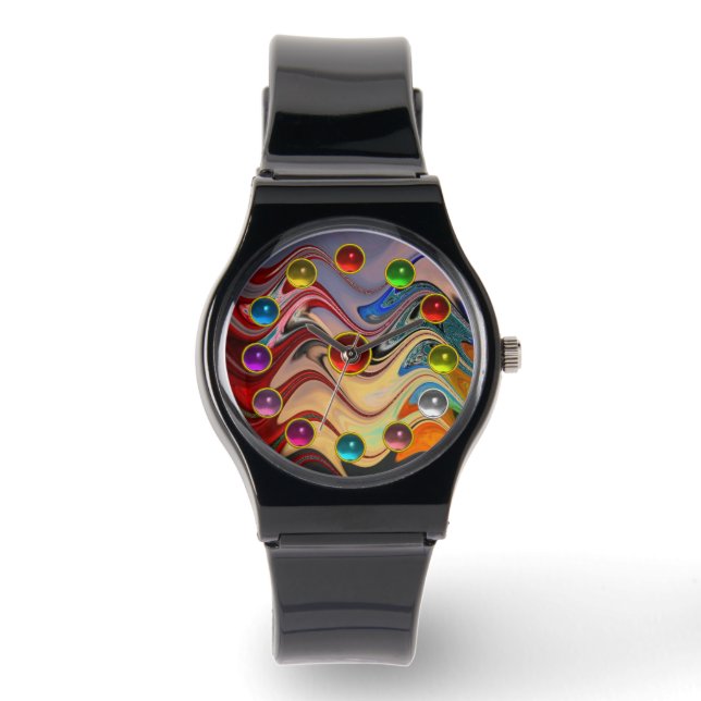 ABSTRACT WAVES AND COLORFUL 3D GEMSTONES WATCH (Front)