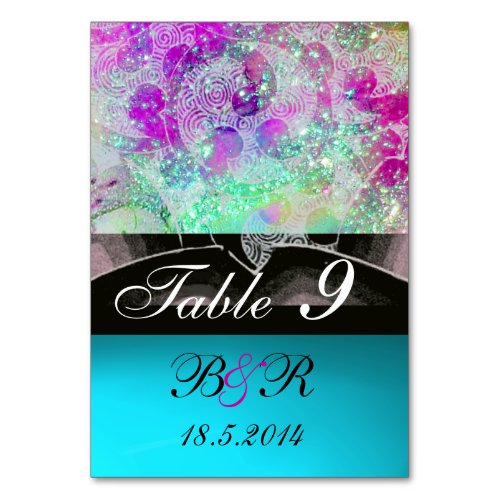 ABSTRACT WAVES BluePurple Pink Wedding Monogram Table Number
