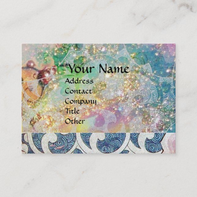 ABSTRACT WAVES Bright Teal Blue Gold Floral Swirls Business Card (Front)