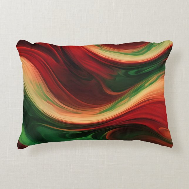 Abstract Waves In A Bend Of Red & Green Accent Pillow (Front)