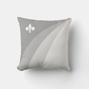 Abstract waves in gray shades & white fleur de lis throw pillow