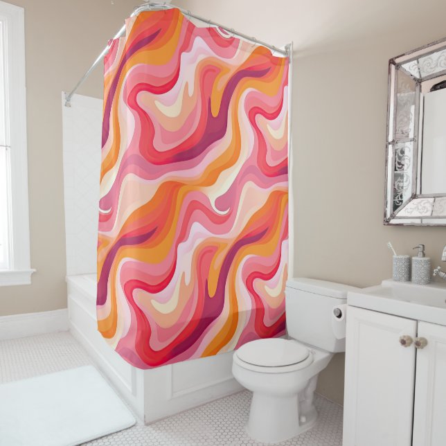 Abstract Waves Retro Pattern Pink Shower Curtain (In Situ)