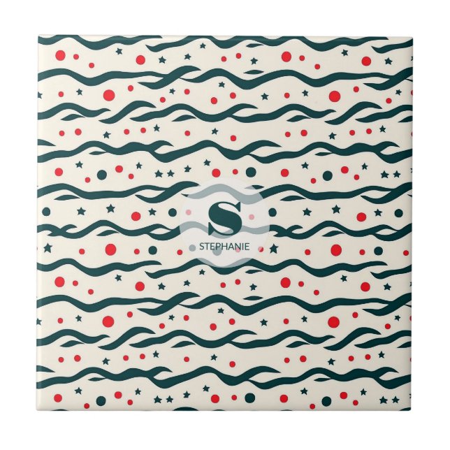 Abstract Wavy Lines and Geometric Shapes Pattern Ceramic Tile (Front)