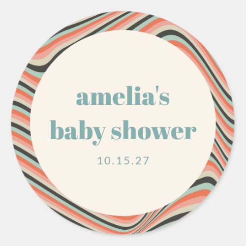 Abstract Wavy Stripe Aqua Peach Custom Baby Shower Classic Round Sticker