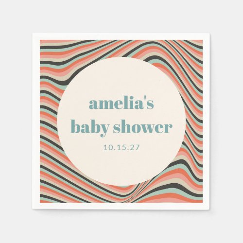 Abstract Wavy Stripe Aqua Peach Custom Baby Shower Napkins