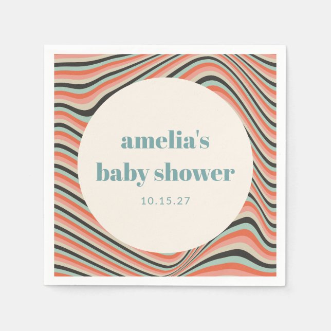 Abstract Wavy Stripe Aqua Peach Custom Baby Shower Napkins (Front)