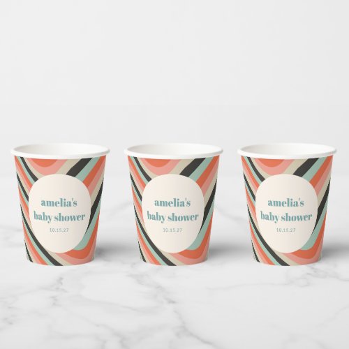 Abstract Wavy Stripe Aqua Peach Custom Baby Shower Paper Cups